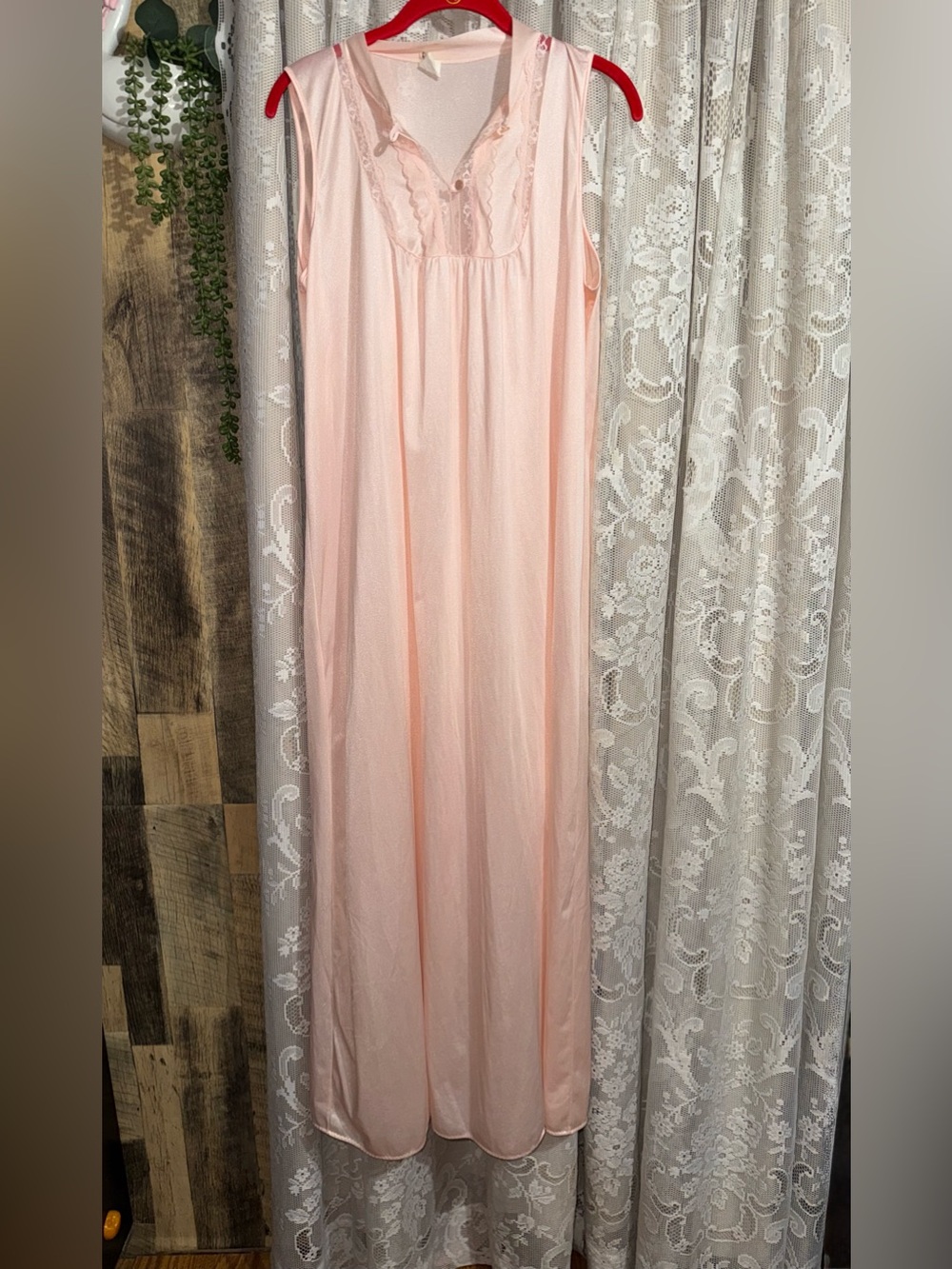 Vtg 70s Montgomery Ward Pink Nylon Maxi Nightgown Lace Trim Medium Coquette